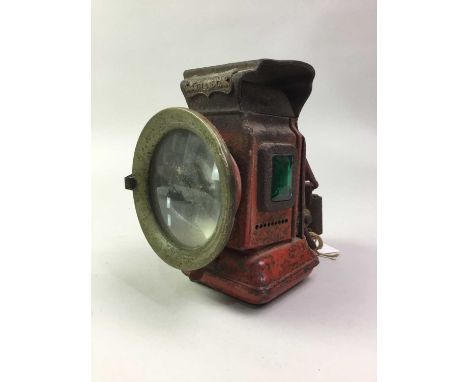 PORTABLE GPO LAMP, AND OTHER ITEMS  the lamp in red, along with a wall sconce, a glass and iron lantern and a metal work wall