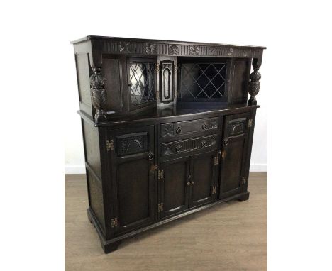 ERCOL DARK OAK DINING SUITE, comprising table, sideboard and chairstable 74cm high, 152cm wide