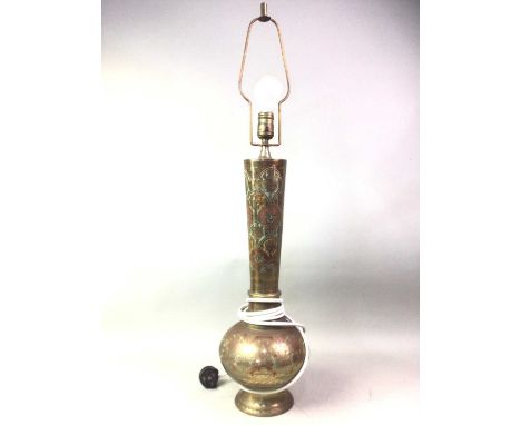 INDIAN BRASS VASE LAMP, MID / LATE 20TH CENTURY with incised and enamelled decoration63cm high