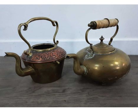 GROUP OF VICTORIAN BRASS WARE, comprising toddy kettles and candlesticks, also a brass lamp