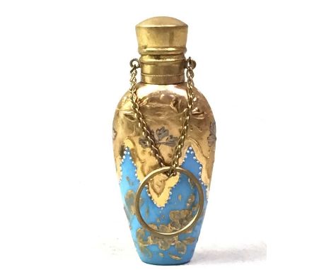 TURQUOISE AND GILT GLASS PERFUME BOTTLE, LATE 19TH/EARLY 20TH CENTURY  possibly Bohemian of shaped tapered form complete with