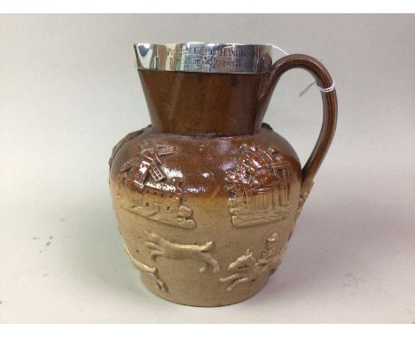 GOLFING INTEREST, STONEWARE HARVEST JUG the silver band to neck engraved 'Princes Club Handicap Presented by Jos. Pender Esq.