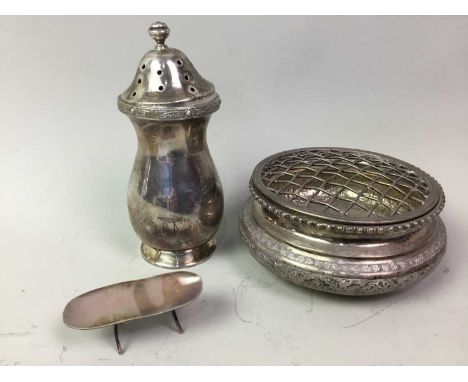ELIZABETH II SILVER SUGAR CASTER, BIRMINGHAM 1955 of baluster form, along with a Eastern white metal flower bowl and a white 