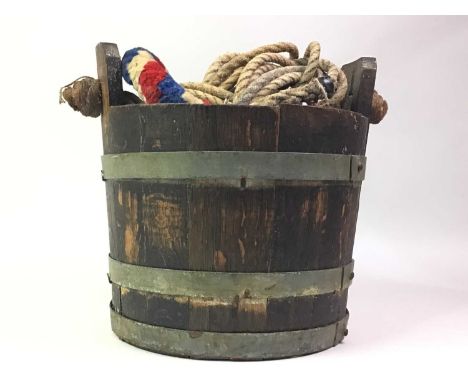COOPERED OAK BUCKET, AND OTHER ITEMS  comprising a bell ringing rope, a set of cast iron scales and a lamp