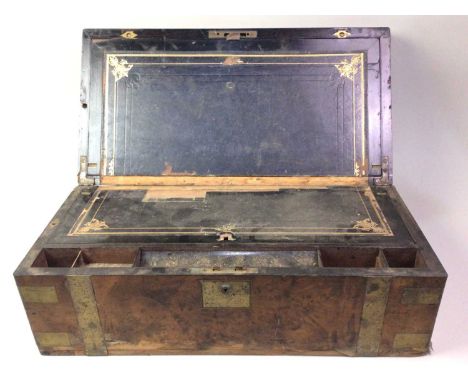 VICTORIAN WALNUT LAP DESK, ALONG WITH A STICK BAROMETER the late 19th century lap desk with brass inset corners and strapping