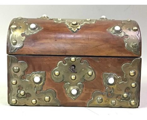 VICTORIAN WALNUT TEA CADDY, LATE 19TH CENTURY the domed top and body brass bound, set with white cabochons20.5cm wide