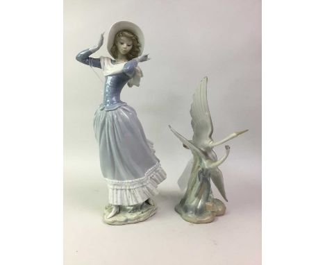 COLLECTION OF LLADRO AND NAO FIGURES, including a horse figure group, figures and animal figures, along with an onyx mantel c