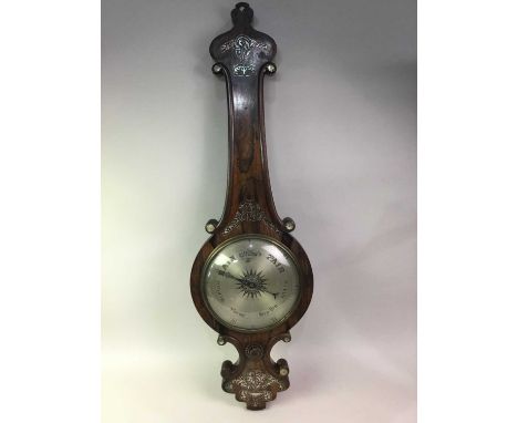 VICTORIAN ROSEWOOD BAROMETER, of banjo form, with silvered dial and mother of pearl inlay107cm long