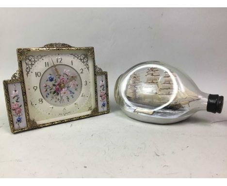 ART DECO STYLE DRESSING TABLE SET, green guilloche enamel effect, along with a ship in a bottle display of the Cutty Sark, a 