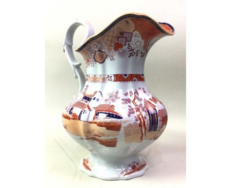 LARGE IRONSTONE STYLE WASH JUG, decorated in the Imari palette, with further items, including a Spode blue and white cake dis