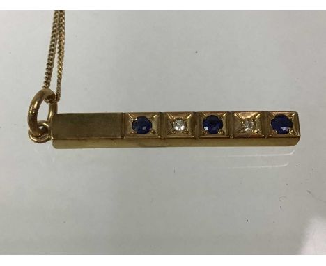 SAPPHIRE AND DIAMOND BAR PENDANT, on a nine carat gold chainQty: 3.1g