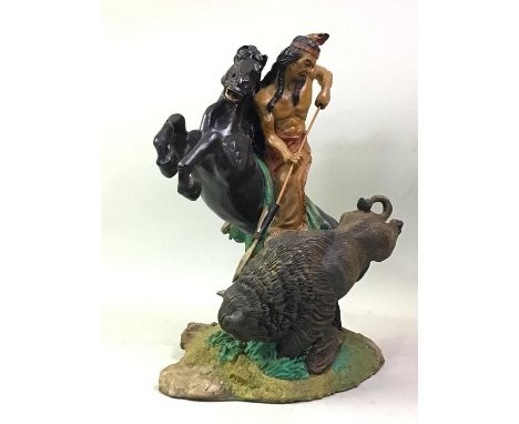 FOUR RESIN NATIVE AMERICAN FIGURES, including one figure on horseback and one modelled in tusk surroundlargest 44cm highQty: 