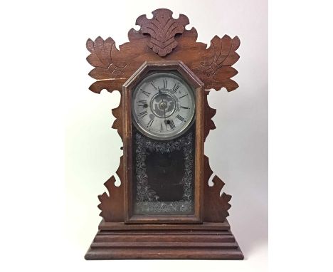 VICTORIAN WALL CLOCK, LATE 19TH CENTURY  with a white enamel and brass dial, along with an American 'gingerbread' mantel cloc