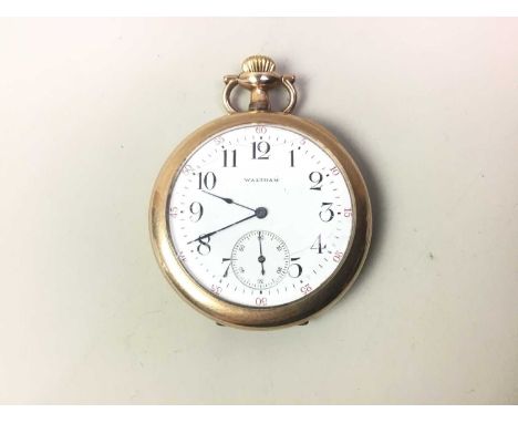 LATE 19TH CENTURY POCKET WATCH, WALTHAM the white enamel dial with Arabic numerals and subsidiary dial in gold plated case, a