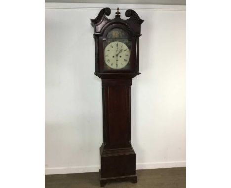 MAHOGANY LONGCASE CLOCK, 19TH CENTURY  with swan neck pediment over a painted dial, on bracket feet217cm high