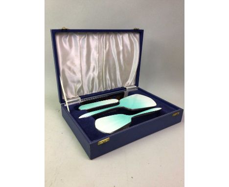 GUILLOCHE ENAMEL BACKED DRESSING TABLE SET, ALONG WITH A FRAME also a grooming set, also a tankard and a set of scales