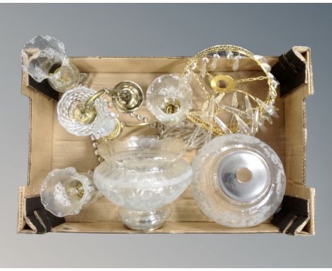 A box of decorative brass three way light fitting with glass drops, pendant light fitting with glass drops, two further glass