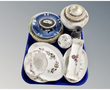 A tray of Wedgwood black jasper ware trinket box and vase, Noritake lidded urn, collector's plates etc 