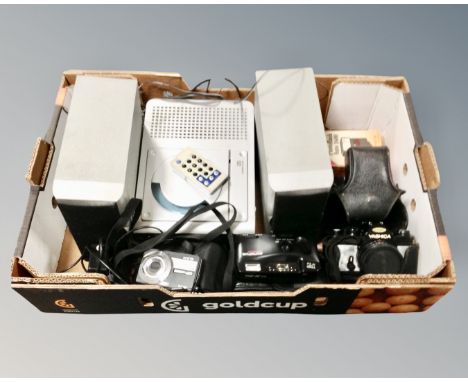 A box containing assorted electricals including CD player, cameras including Yashica, Olympus etc.