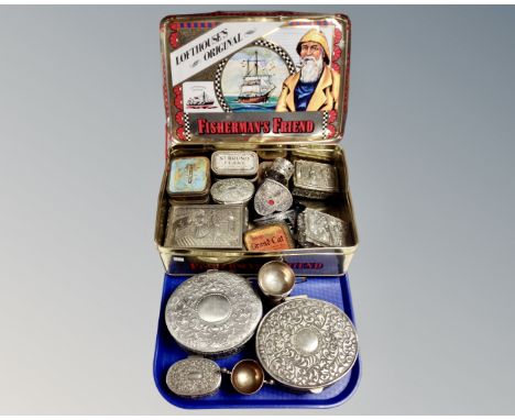 A tin of silver plated trinket boxes, vintage tins etc 