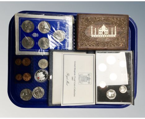 A tray containing Indian bone inlaid trinket box together with British coins including United Kingdom 1987 proof coin collect