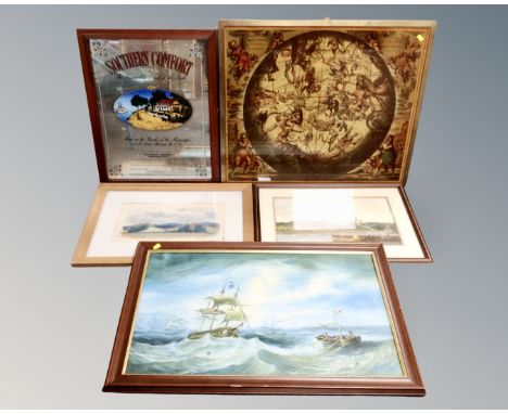 A group of pictures and prints including Southern Comfort advertising mirror, atlas, seascape etc.  (5)