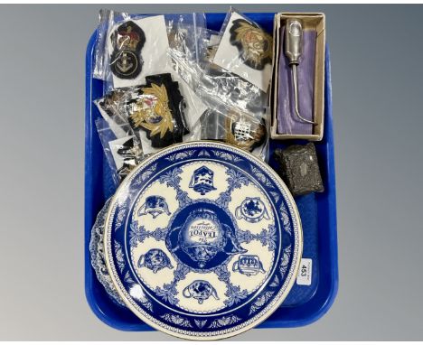 A tray of china plates, Navy badges, white metal oil can and trinket pot