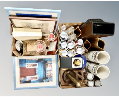 Two boxes of pair of pottery vases, inlaid trinket box, pair of candle holders, German coffee set etc 