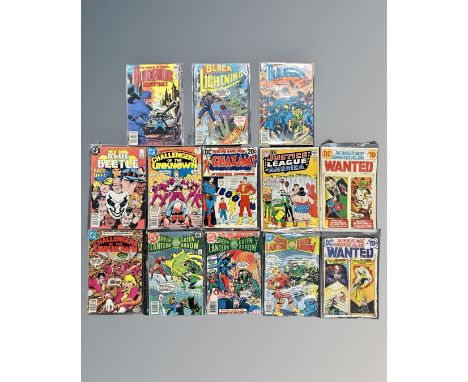 A group of vintage DC comics including Shazam issue #1, Green Lantern and Green Arrow, Black Hawk, Black Lightning, Wanted.