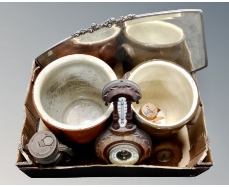 A box of two glazed stoneware pots, Halwyn oil lamp, barometer, Art Deco mirror etc 