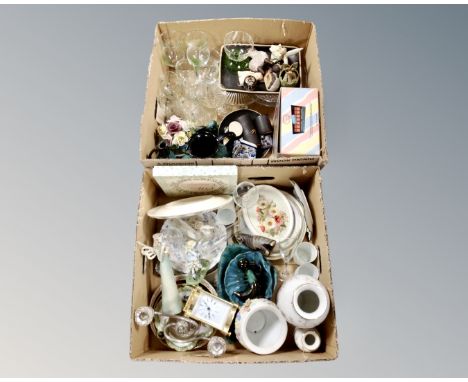 A box of two-way candleabrum, figures, porcelain vases, mantel clock etc 