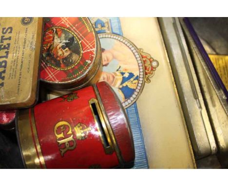 SELECTION OF VINTAGE ADVERTISEMENT TINS
including George VI coronation items etc., inside a large vinatge coffee tin