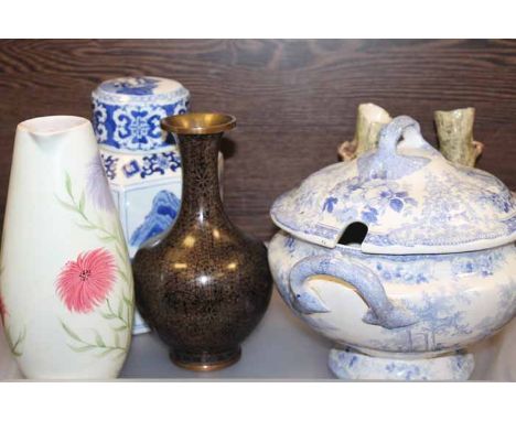 BLACK CHINESE CLOISONNE VASE
together with an English blue and white soup tureen and cover, an early 20th century german cera