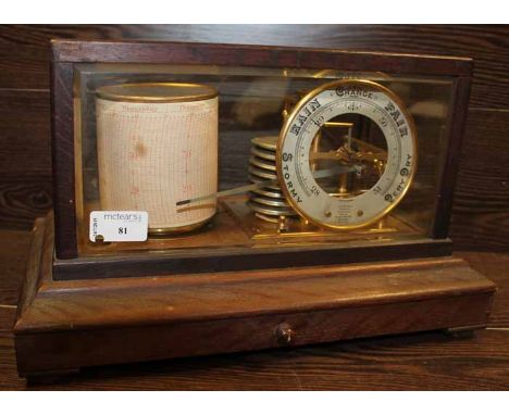 VINTAGE BAROGRAPH
maker Short & Mason, London, with brass body and read out wheel, oak glazed case with lower drawer with ori