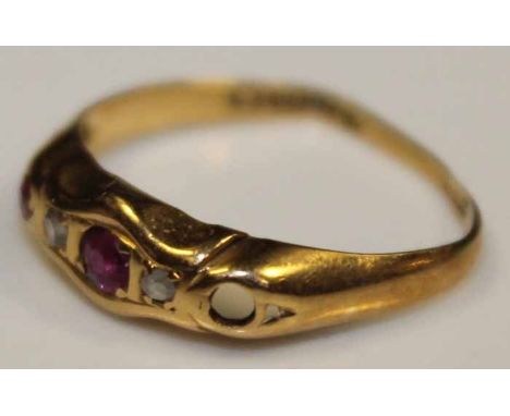 VICTORIAN RUBY AND DIAMOND RING
with alternating rubies and diamonds, in eighteen carat gold, one ruby missing and shank miss