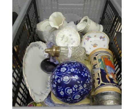 A silver topped glass shaker, other glassware and china including Royal Albert, Royal Worcester, Minton and Wedgwood **PLEASE