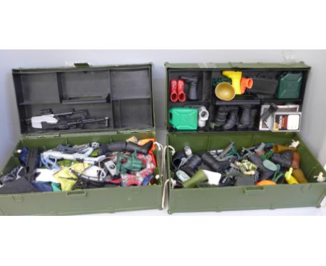 Two Action Man kit trunks and a collection of accessories 