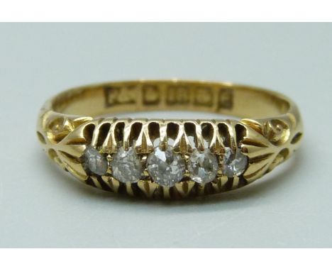 An antique 18ct gold, five stone diamond ring, Birmingham 1904, 3.1g, M 