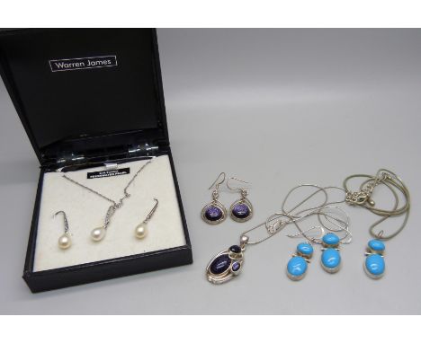 Three silver pendant and earrings sets; pearl, turquoise and purple goldstone set 