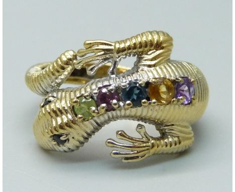 A silver gilt, multi-gem set lizard ring, N/O 