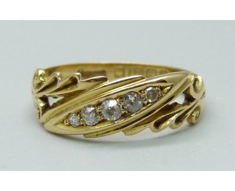 An antique 18ct gold and five stone diamond ring, Birmingham 1902, 3.3g, O 