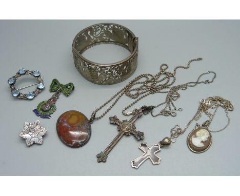 A silver and enamelled Royal Marines sweetheart brooch, two other brooches, four pendants, four chains and a vintage plated b