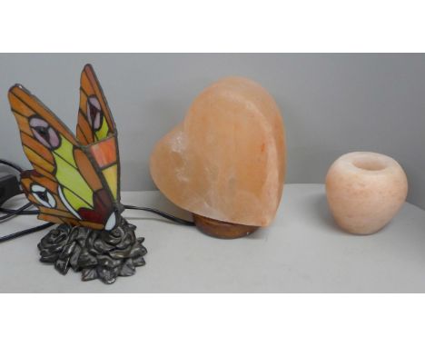 A Himalayan salt candlestick holder, a heart shape table lamp and a butterfly lamp&nbsp;**PLEASE NOTE THIS LOT IS NOT ELIGIBL