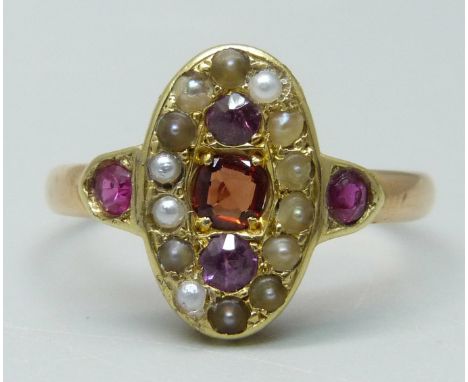 An antique 18ct gold, amethyst, garnet and half pearl ring, 2.4g, L 