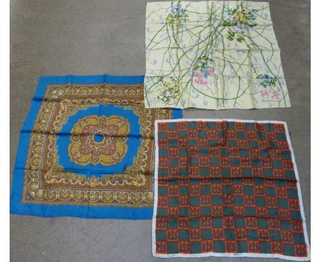 Three vintage scarves, peacock blue, green/red, a/f 