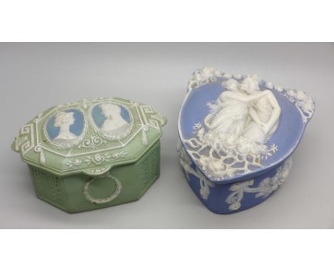 Two antique Jasperware trinket boxes, by Schafer and Vater 