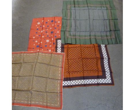 Four vintage silk scarves, red, green, etc., some small holes 