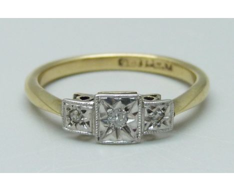 A 9ct gold, platinum set and diamond Art Deco ring, 2.1g, L 