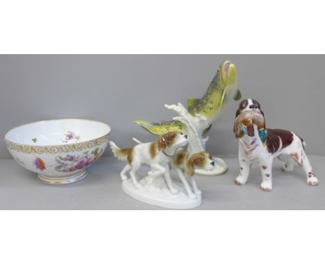 A continental China bowl, a Goebel brook trout figure, a/f, (fin re-glued), and two dog figures 