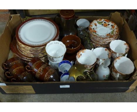 A six setting Beswick brown coffee set, with coffee pot and sugar bowl, Duchess plates (15) and six larger plates, another te